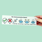 Everyday Communication Board with six visual options including Yes, No, I Need Help, Give Me Time, I Don’t Know and Please Repeat.