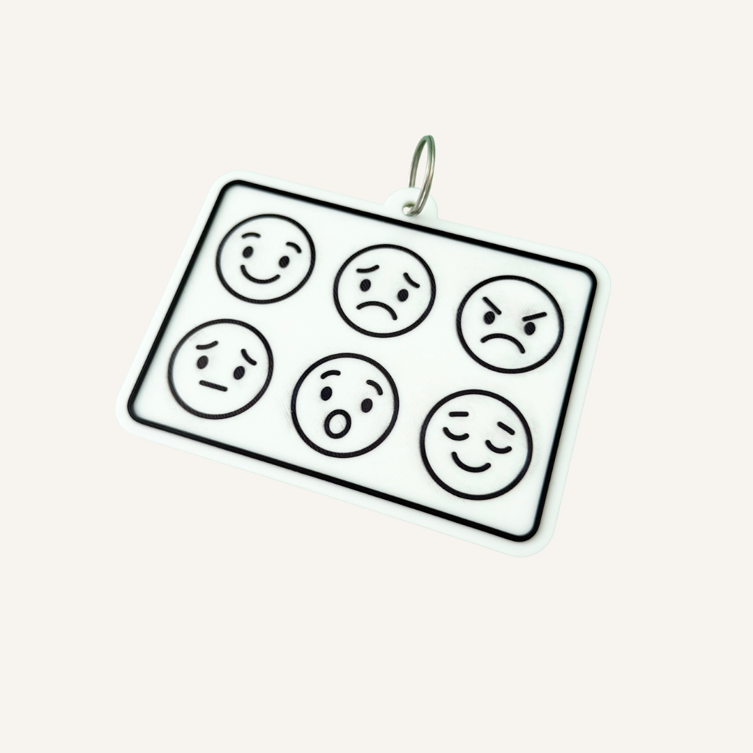 Feelings Communication Board showing happy, sad, angry, worried, scared and calm emotion faces.