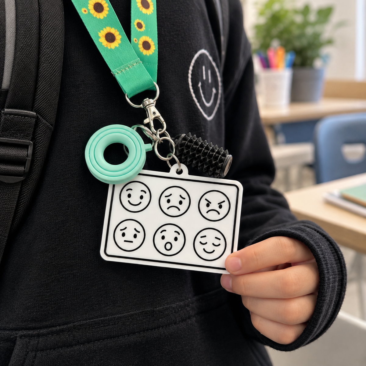 High-contrast visual support board with six clear emotion faces displayed together for easy communication.