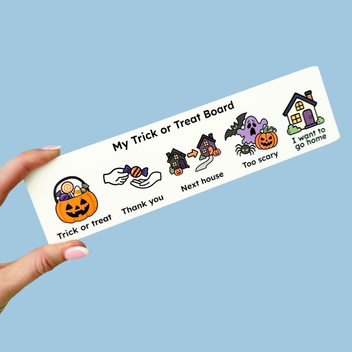 Portable Halloween visual communication board with five useful messages displayed together for easy access.