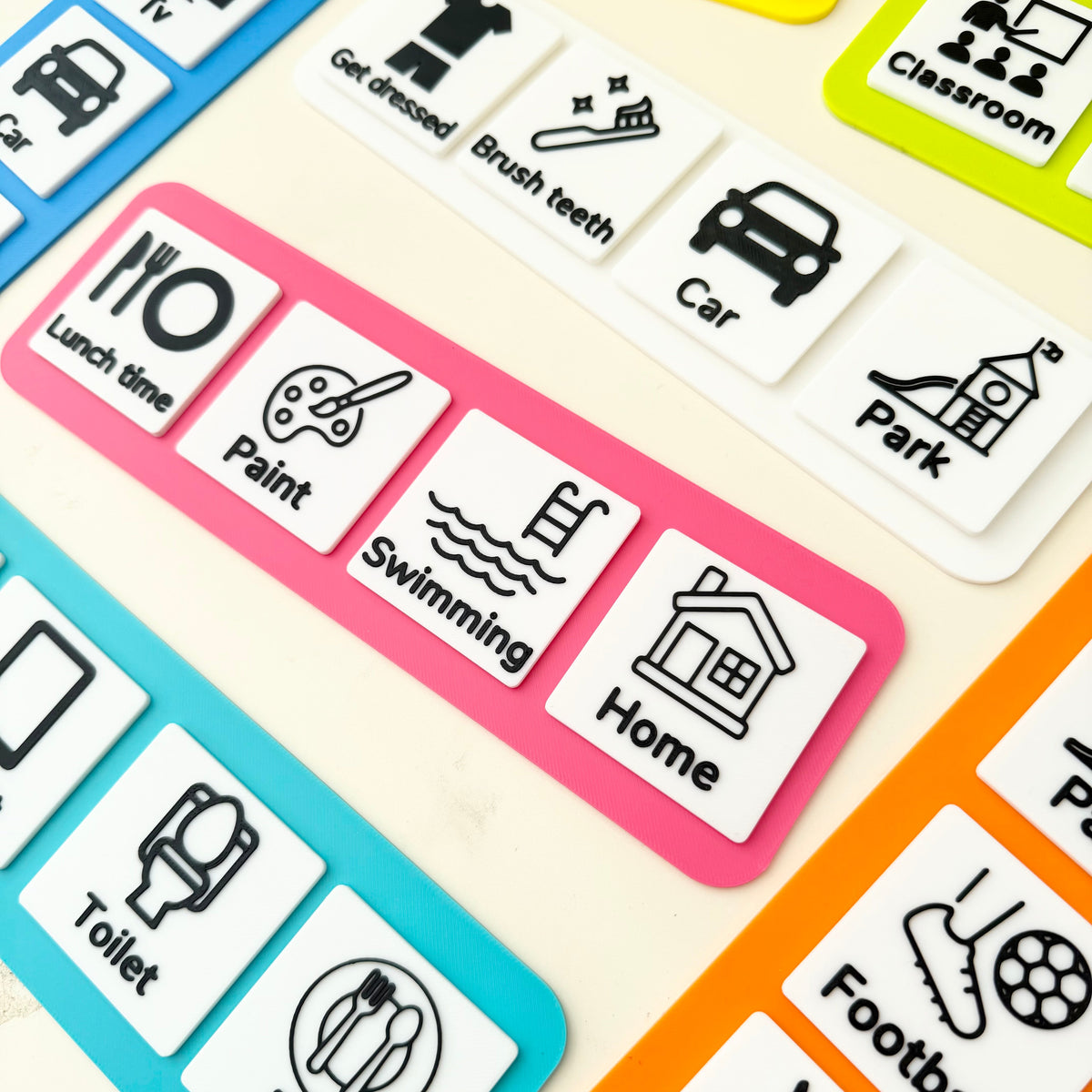 Sturdy reusable My Communication Board for arranging visual communication horizontally or vertically.