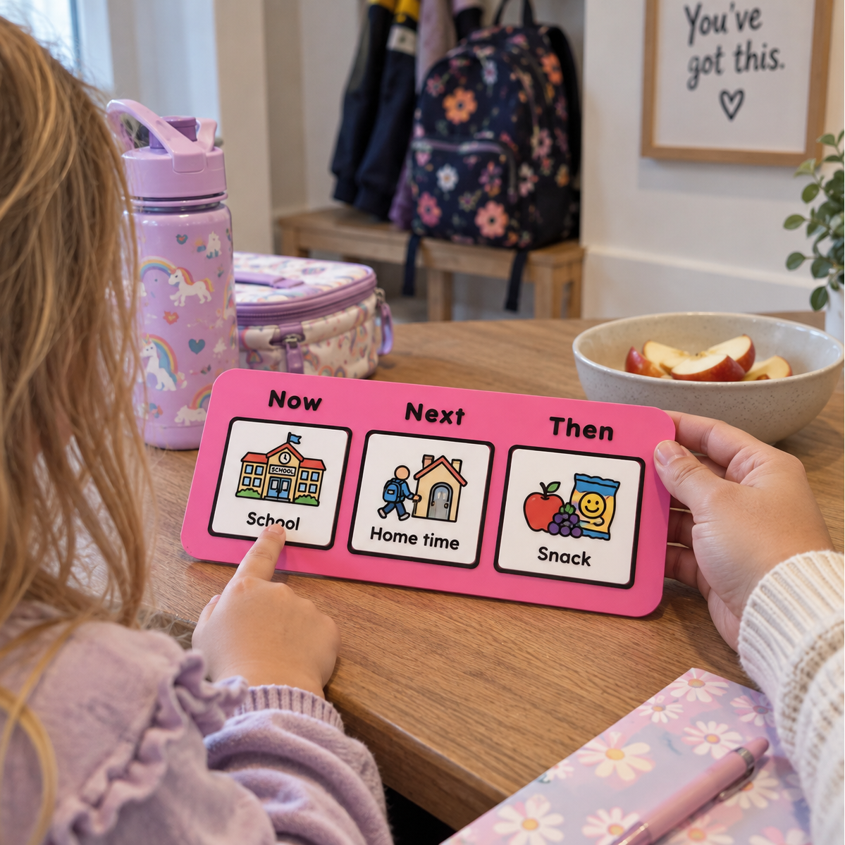 Pink Now, Next and Then visual support board for routines, activities and everyday transitions.