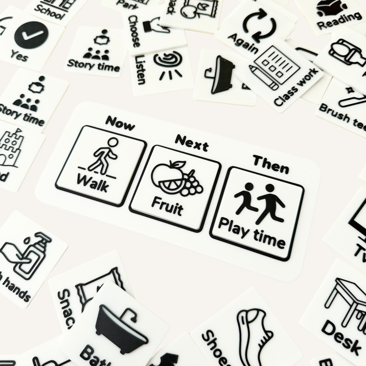 Colourful Now, Next and Then visual boards with three spaces for removable 45mm communication tiles.