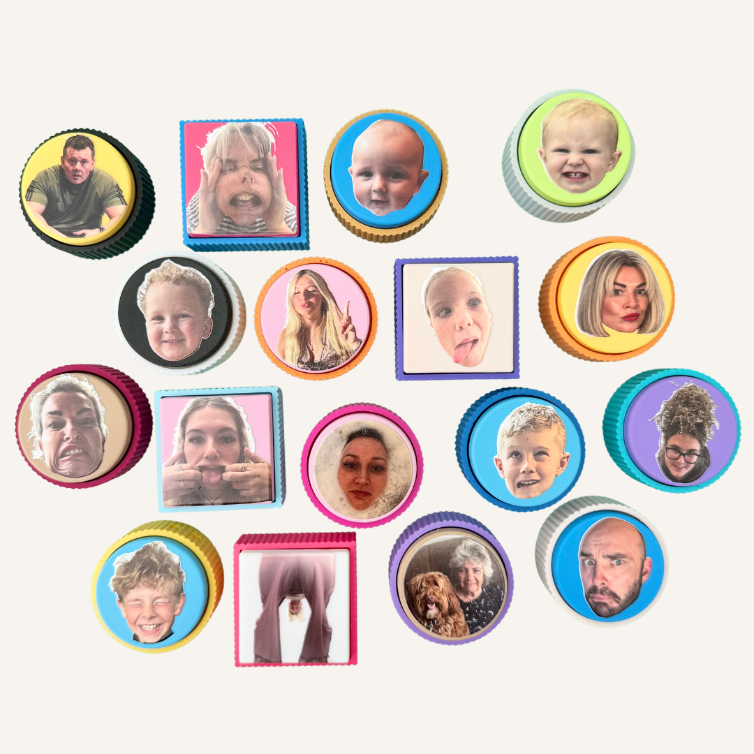 Custom sensory clicker featuring a favourite pet photograph with a smooth raised finish and colourful base.
