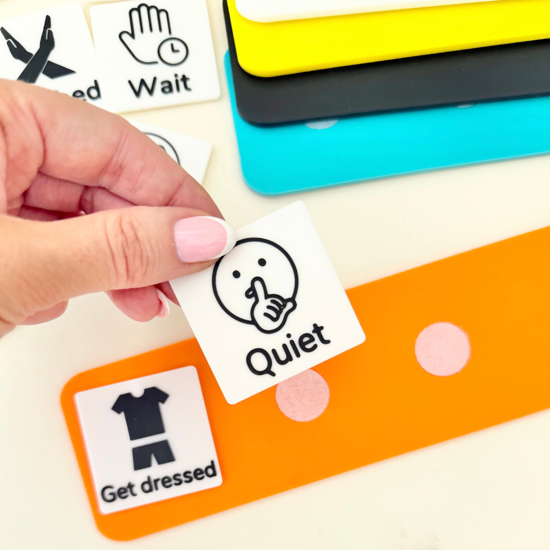 Reusable visual communication board with Velcro for changing choices, needs, feelings and everyday communication.