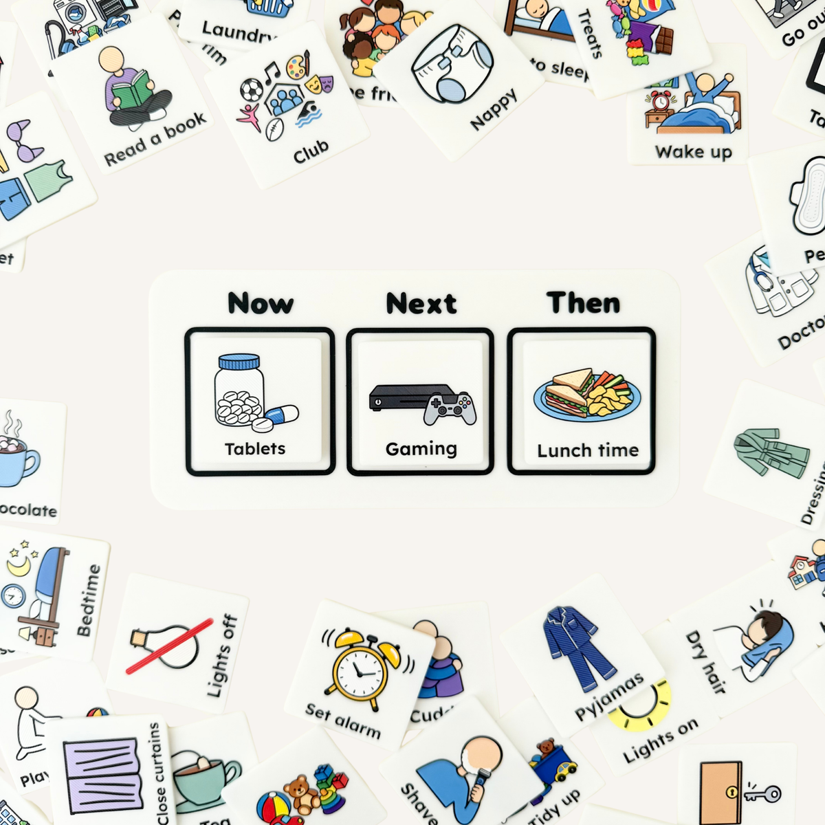 Three-step visual schedule board for displaying what is happening now, what comes next and what happens then.