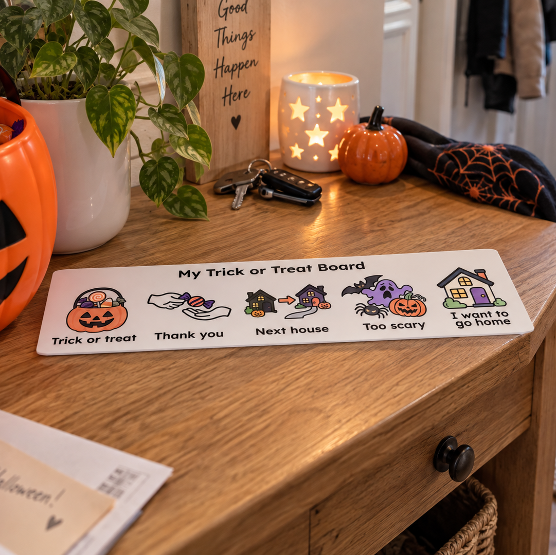 Portable visual communication board for trick or treating with five clear full-colour Halloween messages.