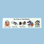 Hand holding the 230mm Trick or Treat Quick Board with five full-colour communication visuals and clear wording.