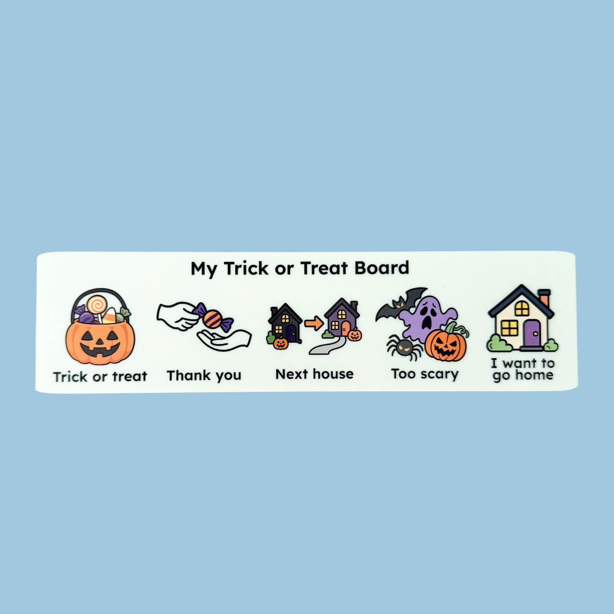 Hand holding the 230mm Trick or Treat Quick Board with five full-colour communication visuals and clear wording.