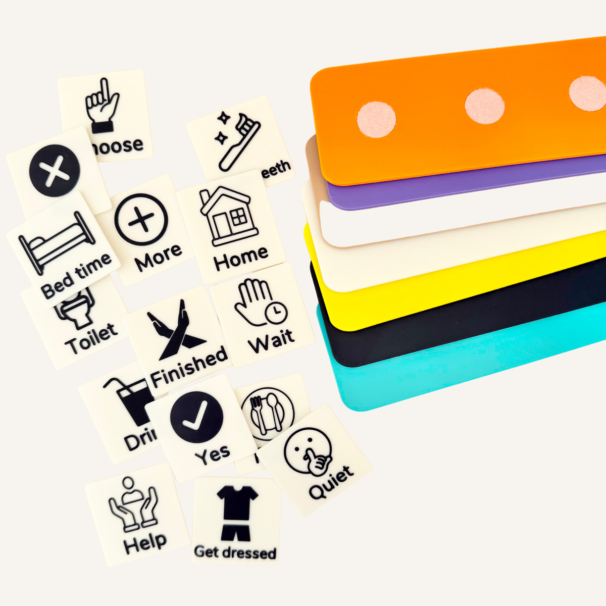 Reusable Velcro communication board designed for arranging and changing up to four 50mm visual communication tiles.